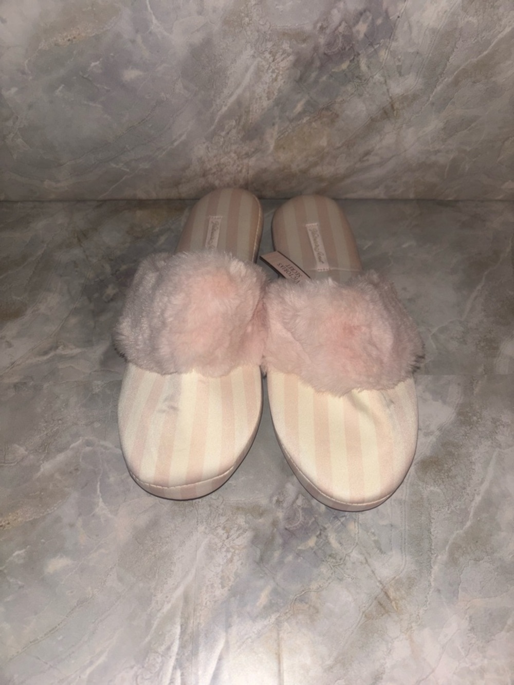 Victoria's Secret Classic stripe Pale Pink Fuzzy Slide Slippers